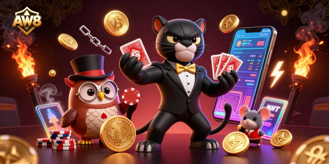 AW8 showcases a stylish panther dealing cards with an owl and mouse in a rich casino atmosphere.