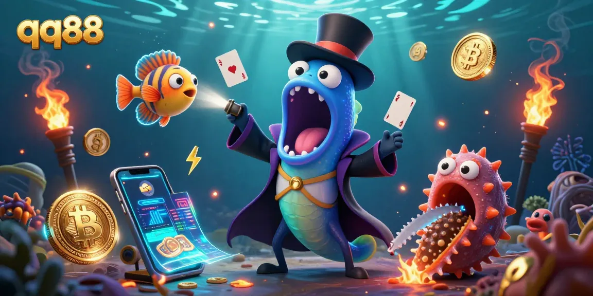 Engage in thrilling qq88 casino games with vibrant characters and glowing crypto elements.