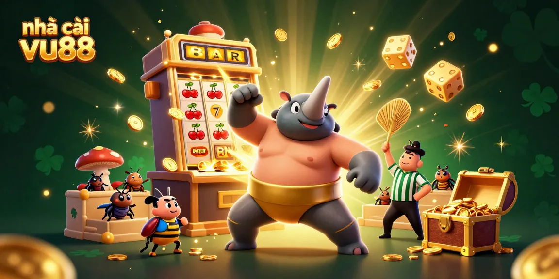 Experience the thrill of nhà cái vu88 with a vibrant 3D casino scene showcasing a beetle champion and dynamic gaming elements.