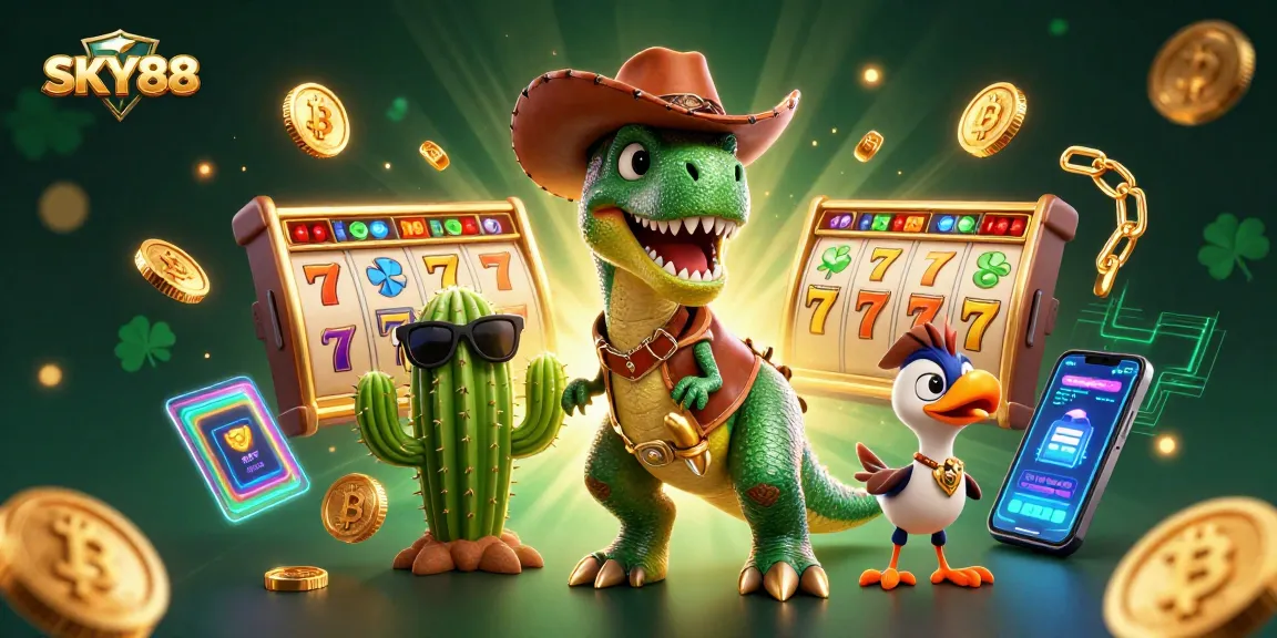 Experience dynamic gaming action with SKY88's T-Rex cowboy and friends in a vibrant casino scene.