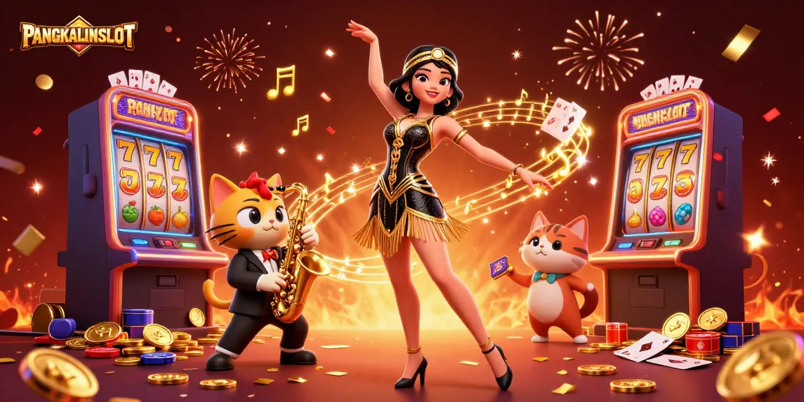 PANGKALANSLOT spins luck with vibrant slot reels and festive characters in a lively casino scene
