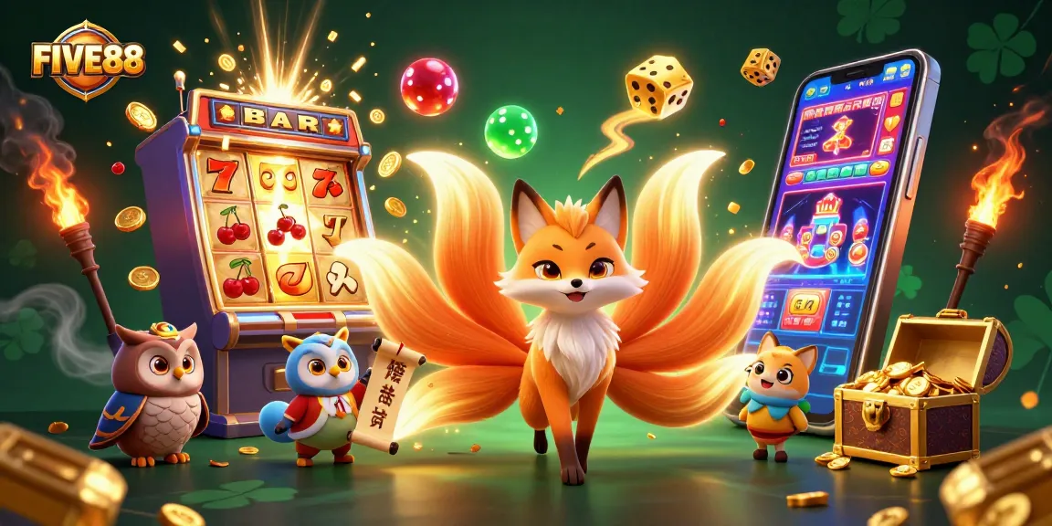 Join the colorful battle at FIVE88 with a magical slot machine showering coins and delights.
