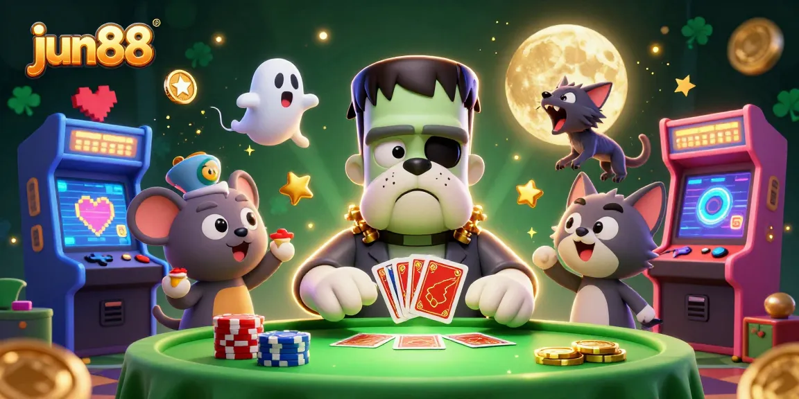 Engage in thrilling card games at jun88 with a spooky casino setting featuring lively 3D characters.