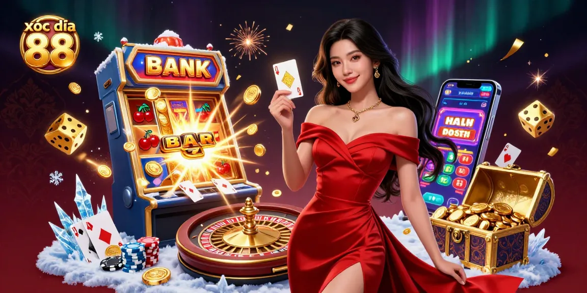 xóc đĩa 88 is featured in a stunning casino scene with a beautiful dealer and vibrant gaming elements.