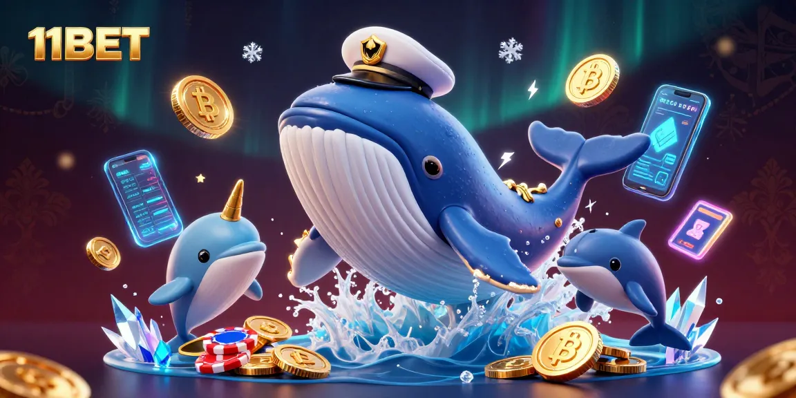 Experience thrilling gaming action on 11BET with vibrant visuals of whales and crypto elements.