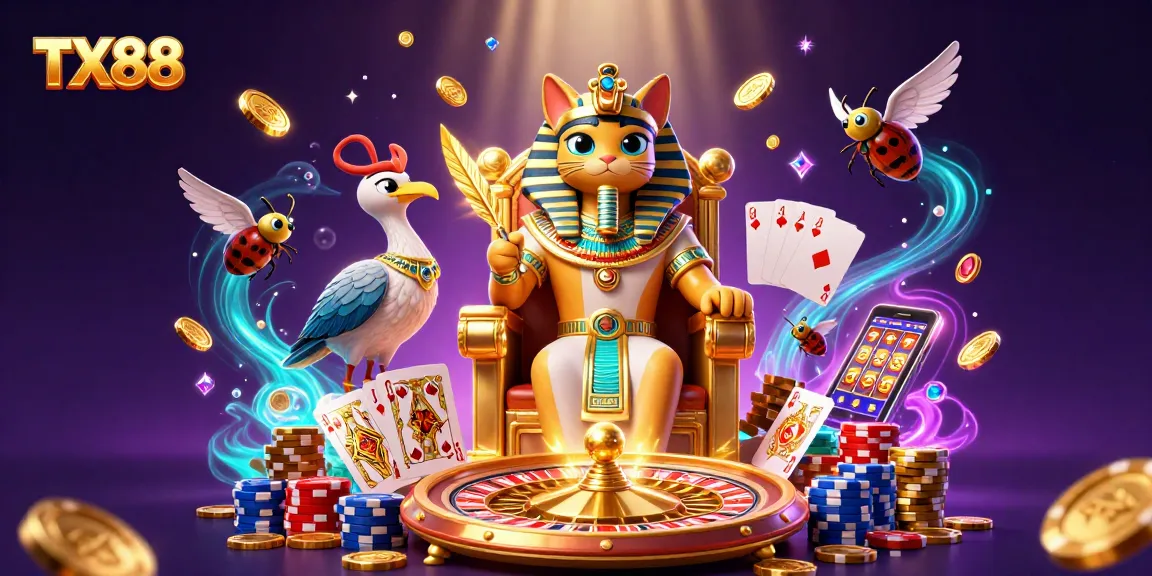 Experience the excitement of TX88 with vibrant casino elements and a royal pharaoh cat.