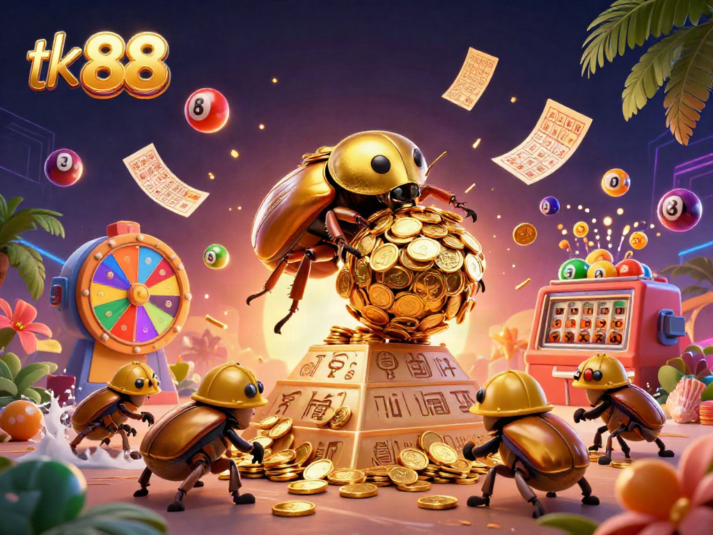 Join the excitement of tk 88 with vibrant lottery games, golden coins, and dynamic gambling visuals.