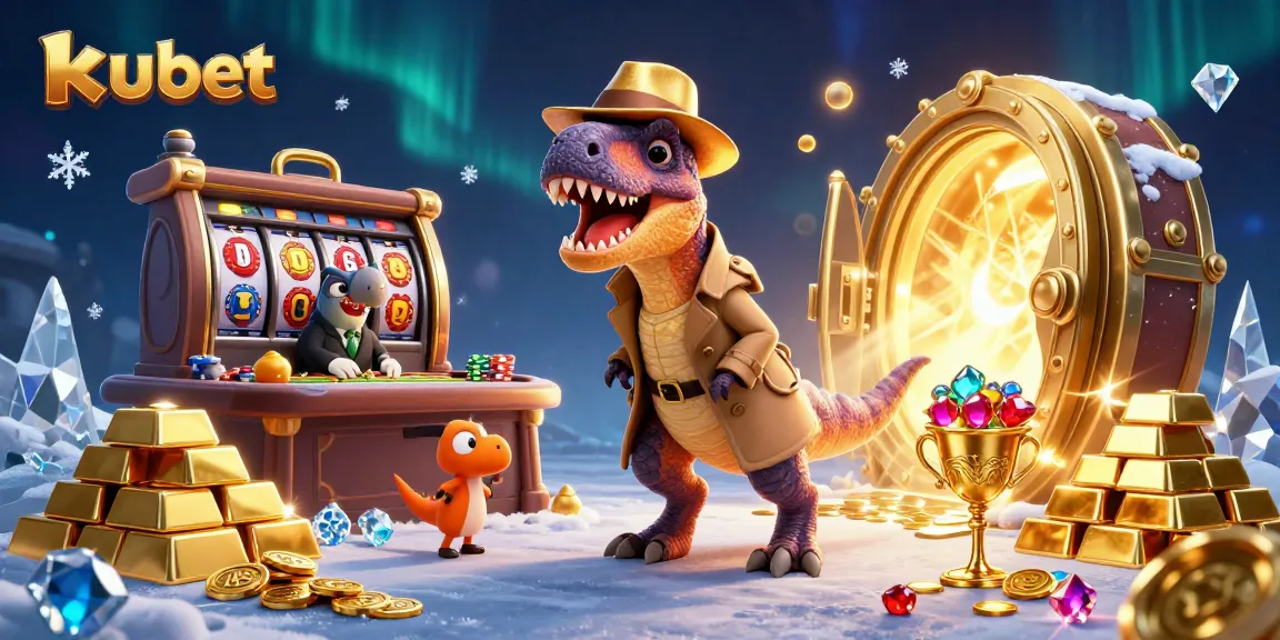 Experience thrilling kubet gaming with a velociraptor at a blackjack table surrounded by sparkling treasures.