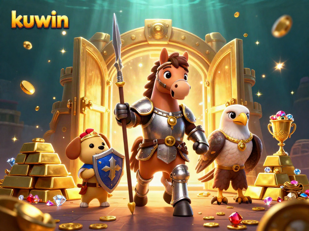 Kuwin players enjoying a thrilling casino atmosphere with knights, treasure, and sparkles.