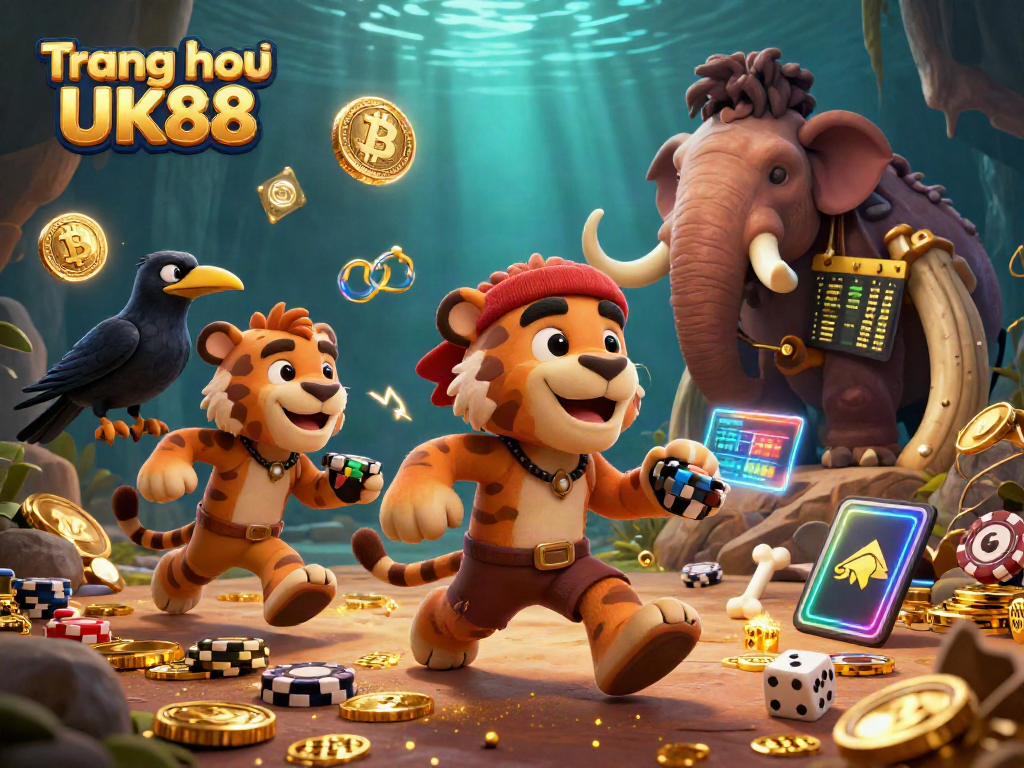 Engage in thrilling gaming at Trang chủ UK88 with vibrant 3D caveman casino scene filled with crypto elements.