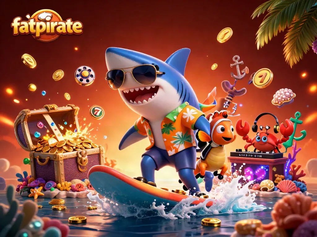 Experience the thrill at fatpirate with a colorful 3D scene featuring vibrant casino elements.