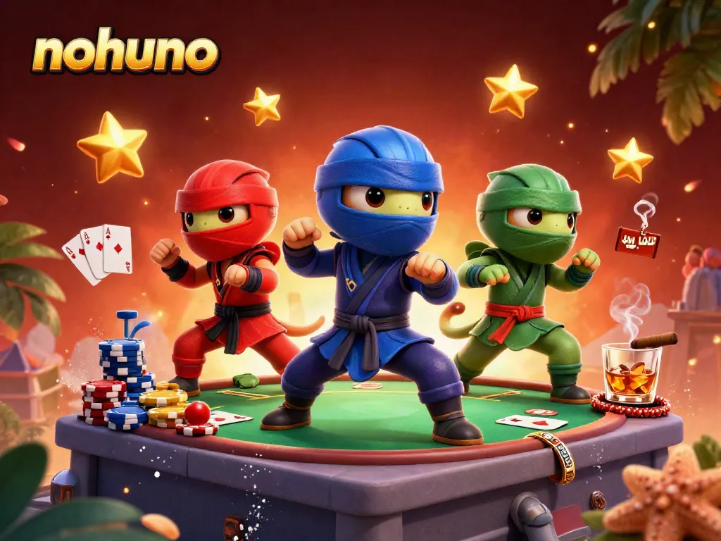 Engage in thrilling gameplay at nohuno with an energetic casino-themed scene featuring ninja chameleons and poker elements.