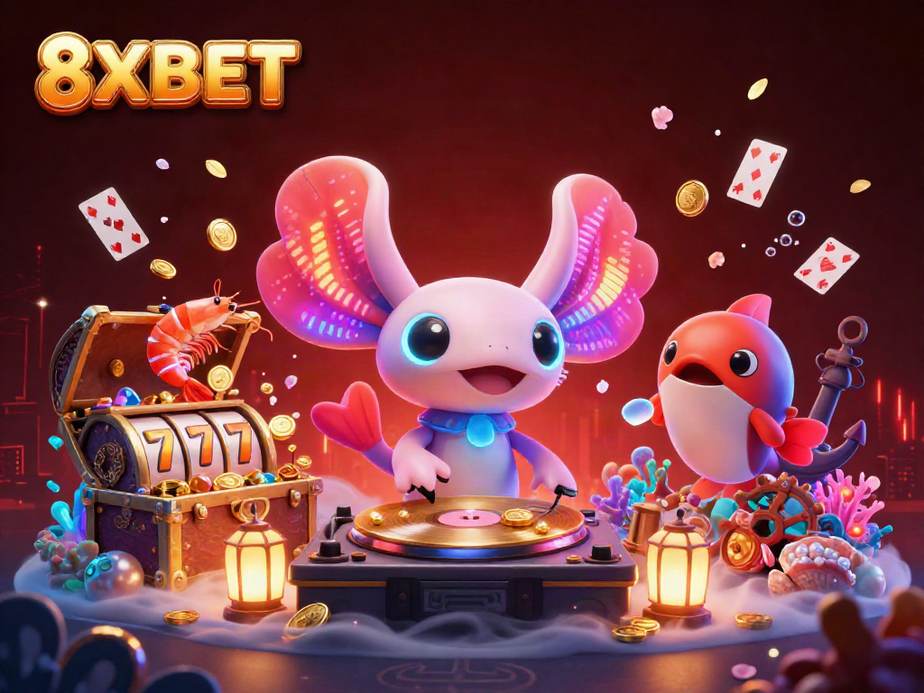 Engage with 8XBET's vibrant underwater casino scene featuring an axolotl DJ, glowing gems, and dynamic game elements.