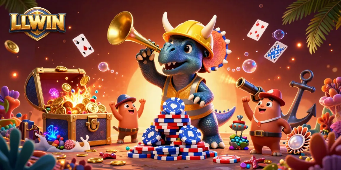 LLWIN showcases exciting gambling fun with a triceratops building poker chips while others celebrate.