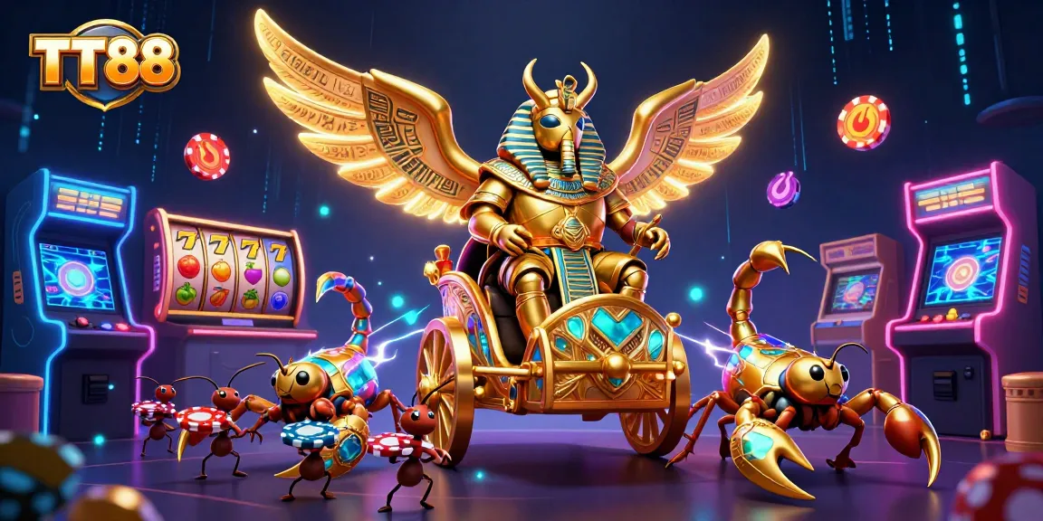 Experience thrilling slots action at TT88 with a vibrant 3D scene of scarabs and scorpions.