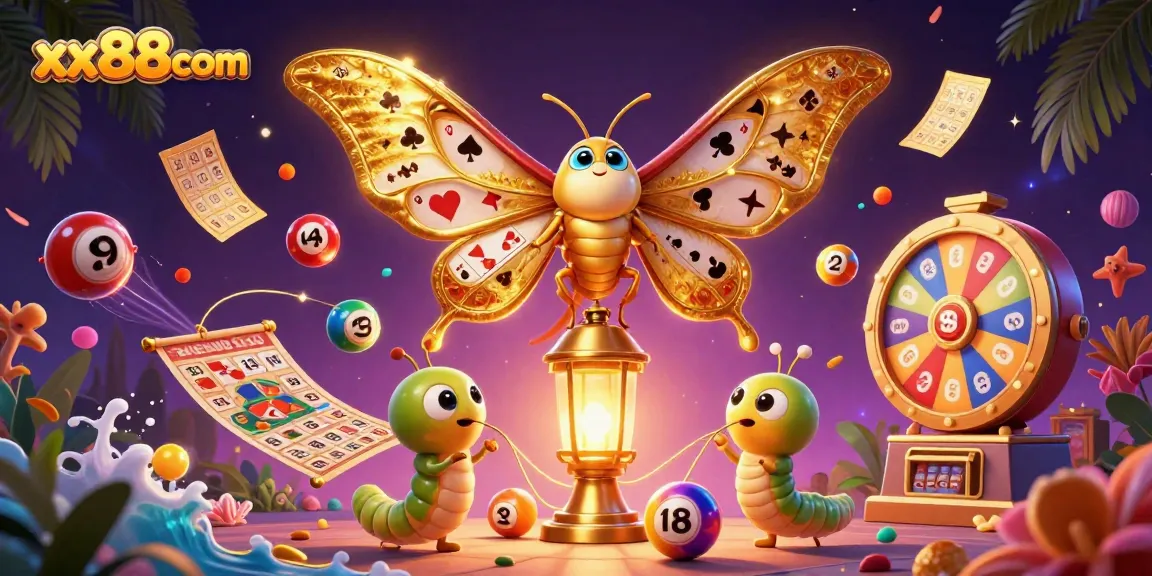 Experience excitement at xx88com with a dazzling casino scene featuring a golden-winged moth and vibrant lottery elements.