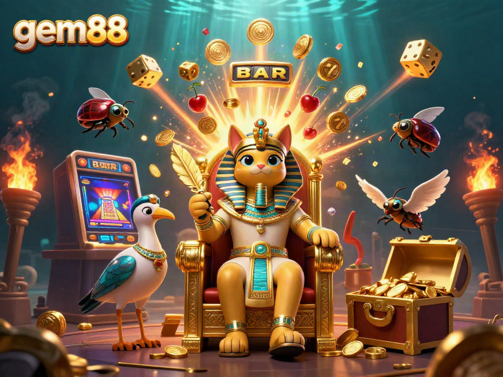 Engaging visual of gem88 featuring a pharaoh cat and scribe amid rich casino elements.