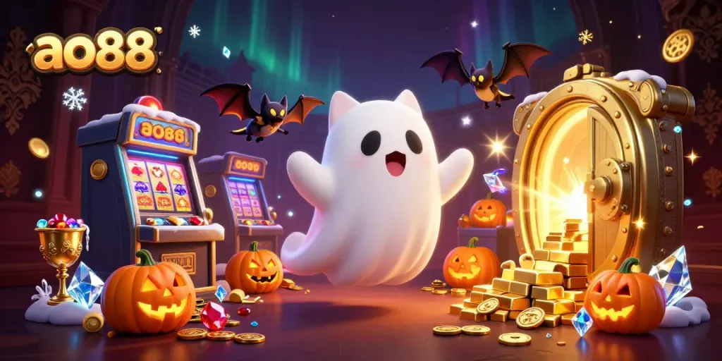 Join the fun at ao88 with a ghost cat and bat companion winning big in a vibrant casino scene!