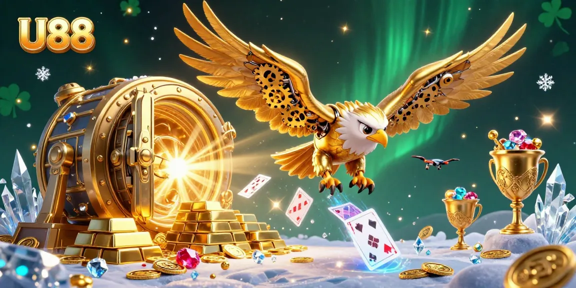 Experience thrilling U88 gaming action with a golden eagle soaring amidst vibrant casino visuals.