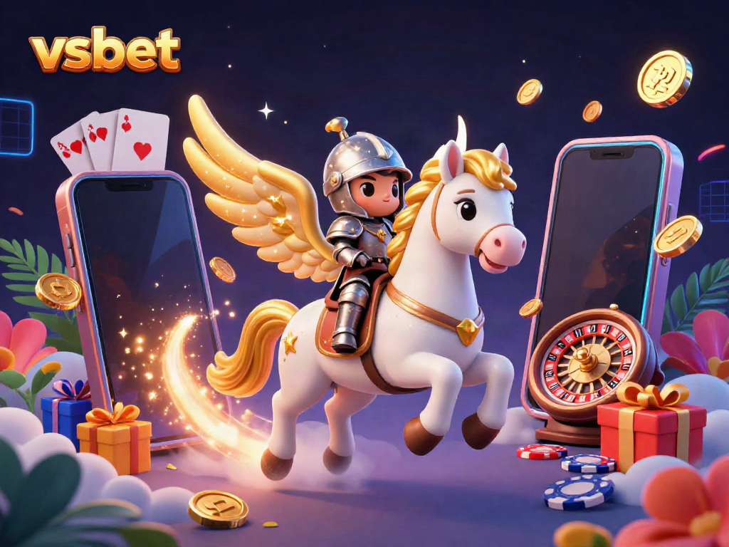 Experience the thrilling excitement of vsbet with a vibrant 3D illustration of a soaring horse amidst casino elements.