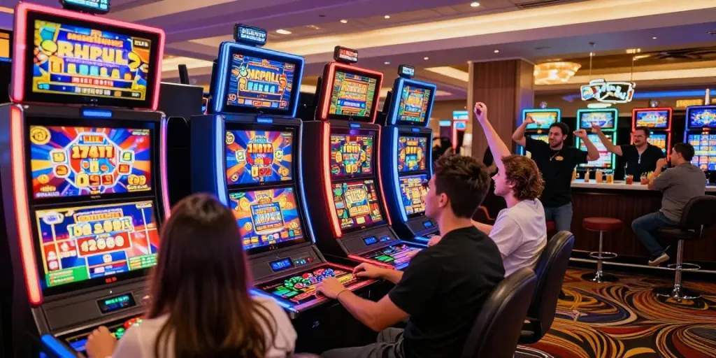 Permainan slot88 yang mengasyikkan di kasino modern, penuh dengan cahaya LED dan suasana meriah.