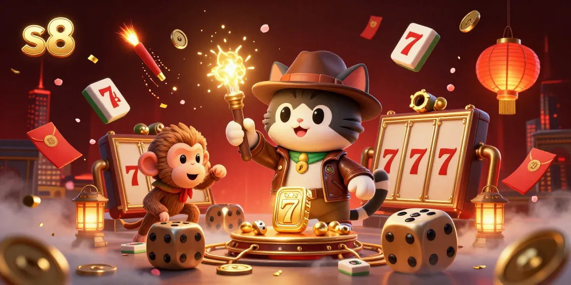 Immerse in the vibrant adventure at S8, featuring a cat archaeologist uncovering golden casino treasures amidst dynamic game elements.