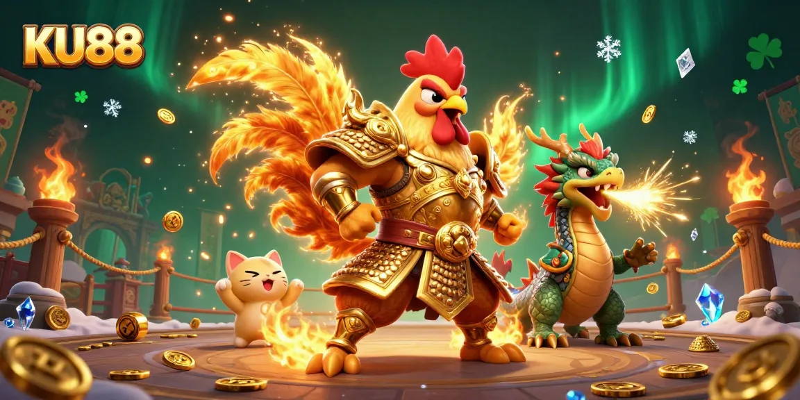 Engage with KU88, a thrilling scene of a warrior rooster and dragon in a vibrant casino backdrop.