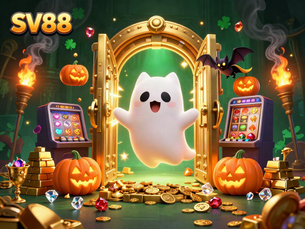 Explore SV88's haunted casino with ghost cat, treasure vault, and glowing jack-o-lanterns lighting the scene.