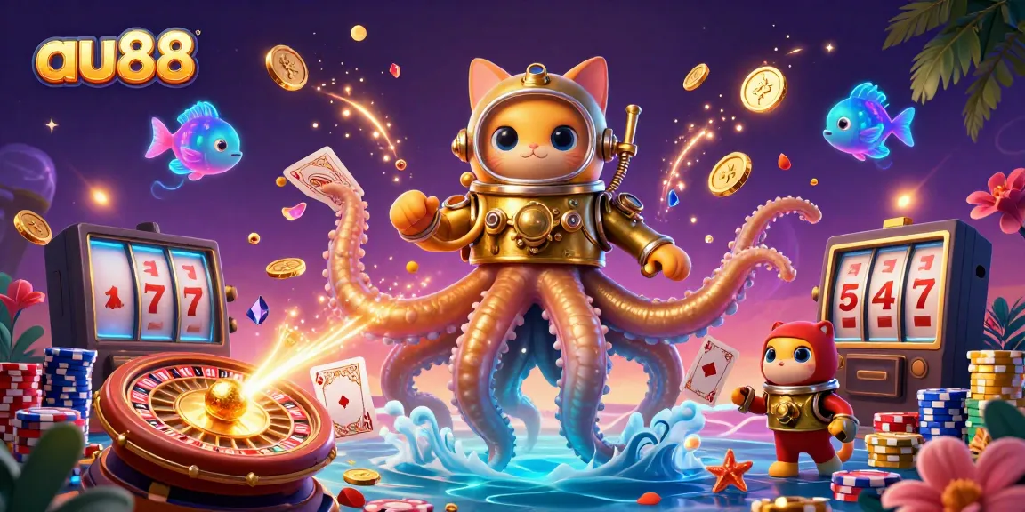 Experience the thrilling adventures at au88 with a kraken and diving cat amidst a vibrant casino scene.
