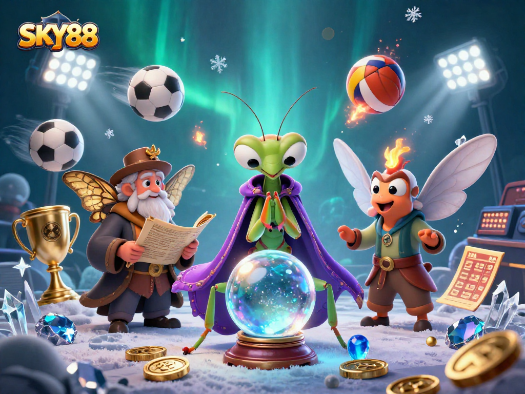 Engage in the magical world of SKY88 with a 3D cartoon scene featuring fortune tellers and dynamic sports betting.