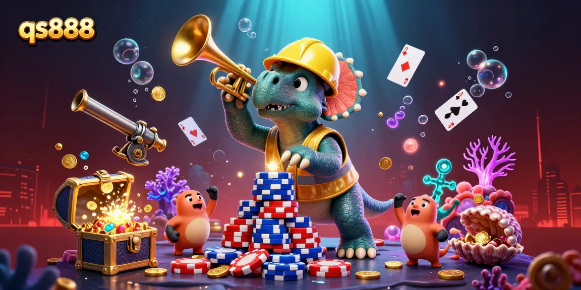 Experience the excitement of qs888 casino with a lively 3D triceratops and friends celebrating big wins!