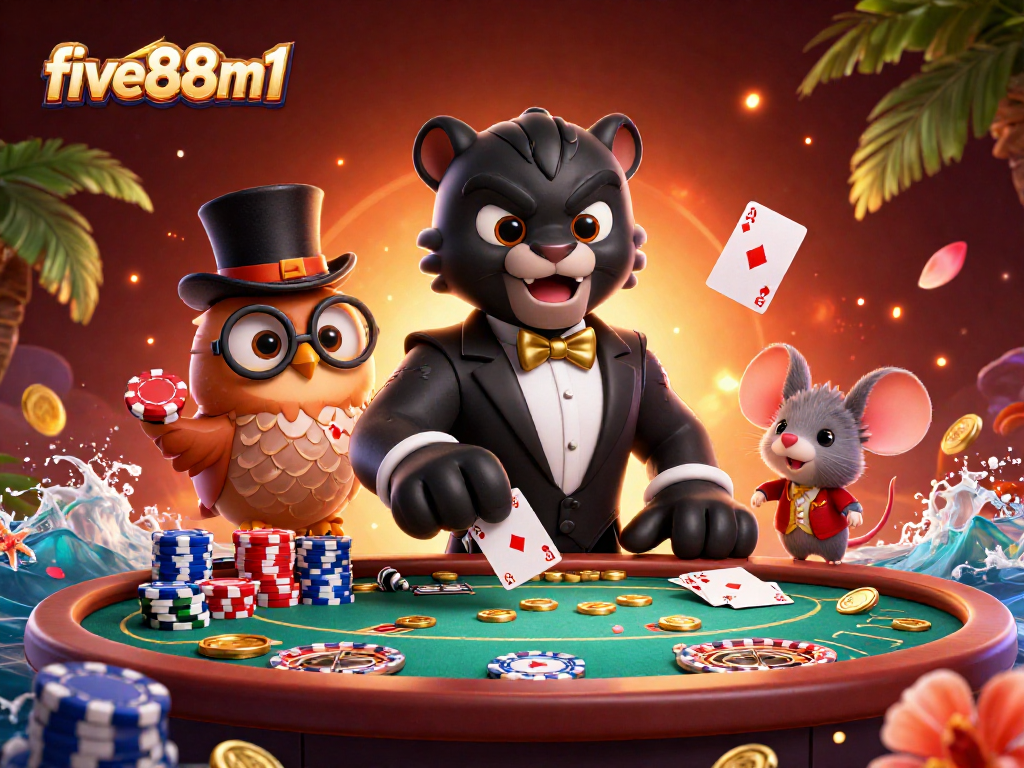 Experience the thrill of gambling at five88m1 with stylish characters dealing cards and vibrant casino elements.