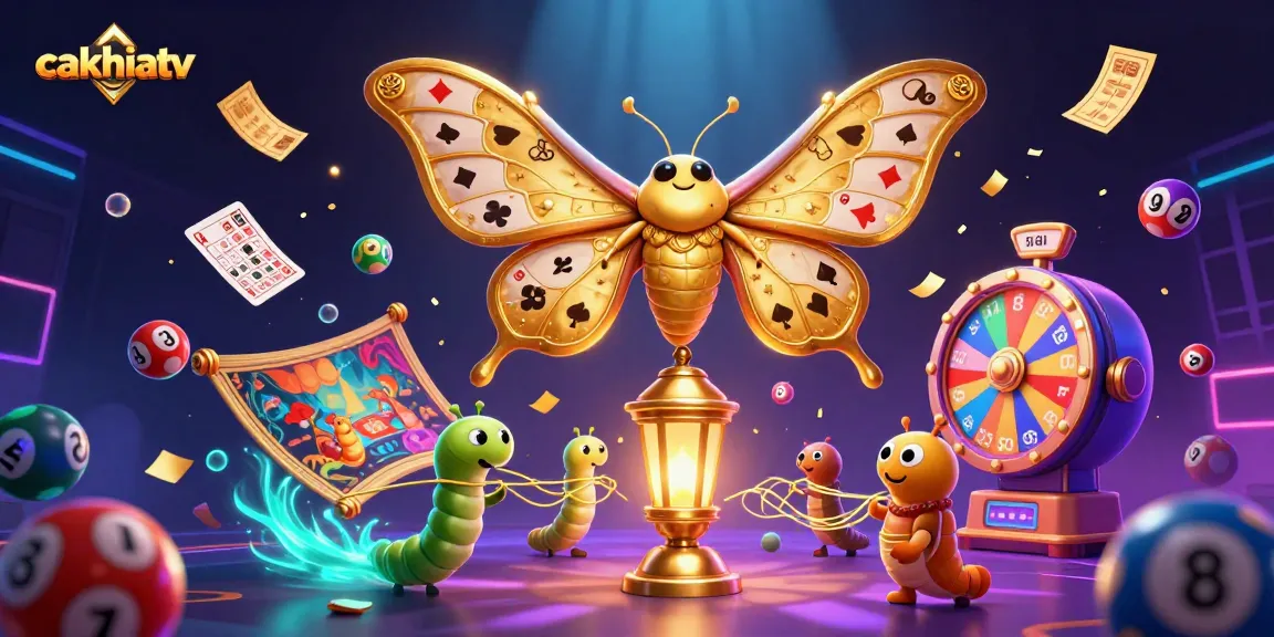 Cakhiatv showcases a dynamic 3D scene of a casino-themed illustration featuring a golden atlas moth and vibrant lottery elements.