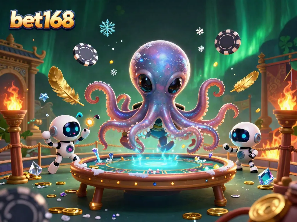 Engage with bet168 at a vibrant casino scene featuring an alien octopus and robot gaming.