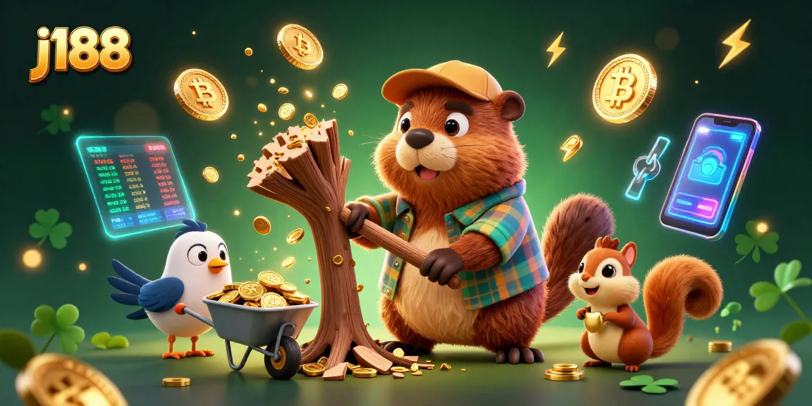 Engage in the winning experience at j188 with a dynamic illustration of a lumberjack beaver amidst gold coins and crypto elements.