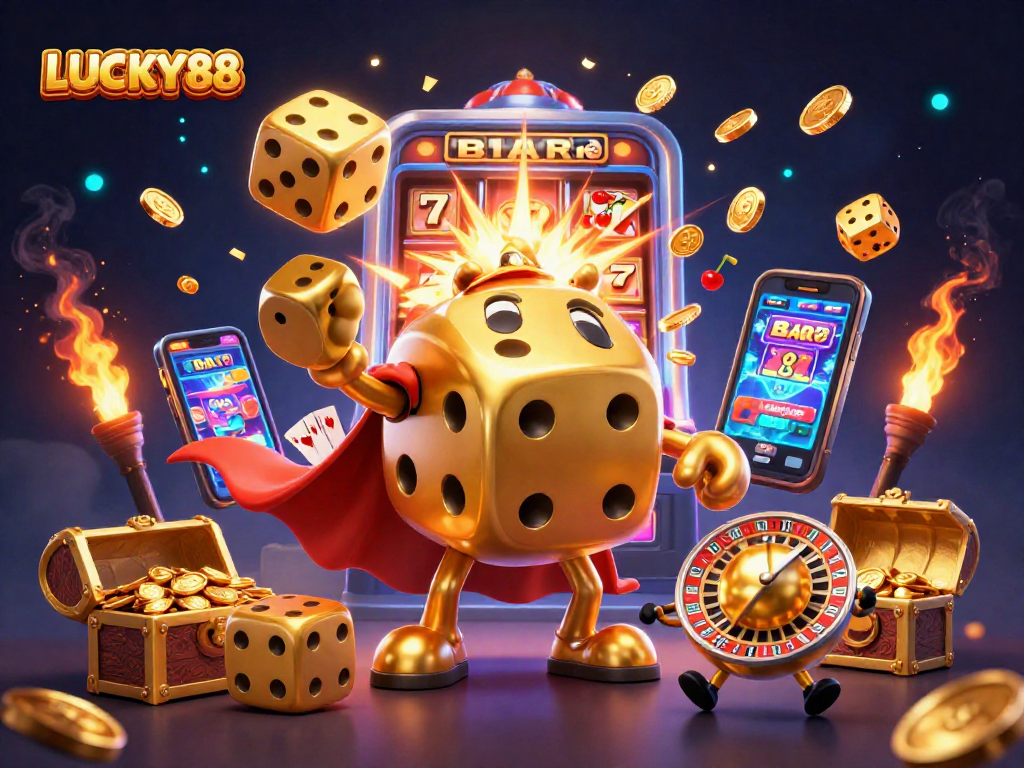 Experience LUCKY88 casino magic with animated golden dice and jackpot fun in a vibrant scene.