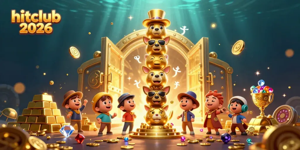 Experience the excitement with hitclub 2026, showcasing a dynamic 3D illustration of a golden totem and casino treasures.