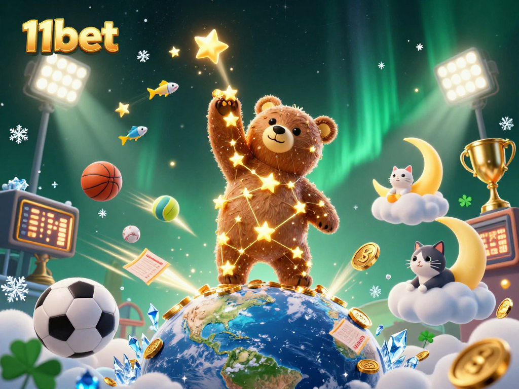 Engage with 11bet through a dynamic scene featuring golden stars, sports elements, and vibrant 3D characters.