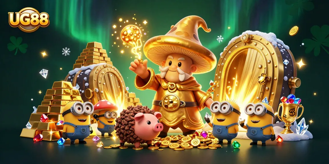 Experience the dazzling treasures of UG88, showcasing a whimsical wizard with gold and gems.