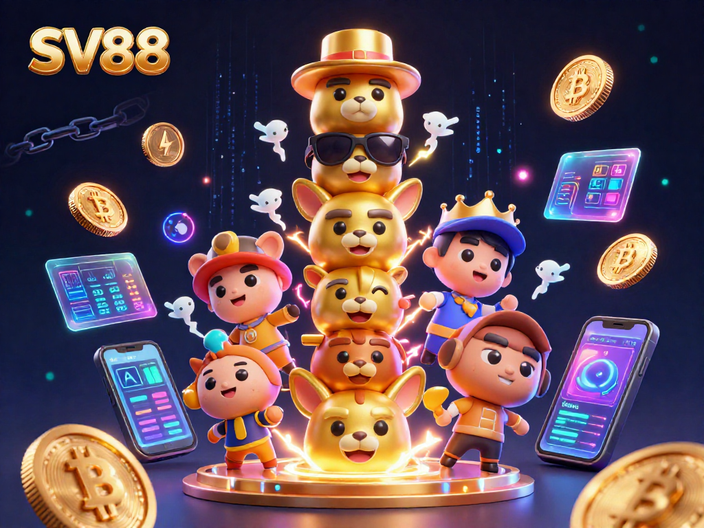 SV88 offers thrilling gameplay with a vibrant 3D totem representing casino elements and cryptocurrency.