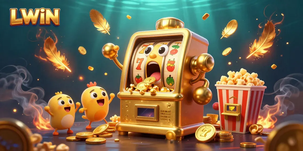 LLWIN slot machine celebrating a jackpot with coins spilling out and cheering baby machines.