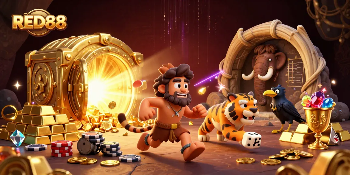 RED88 showcases a vibrant casino scene with a caveman and sabertooth tiger duo in a prehistoric gambling environment.