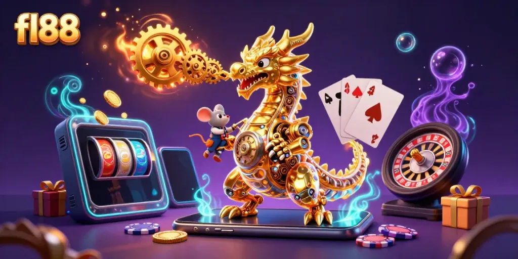 Engage with fl88's vibrant 3D gold dragon and mobile slot gaming scene, showcasing thrilling casino action.