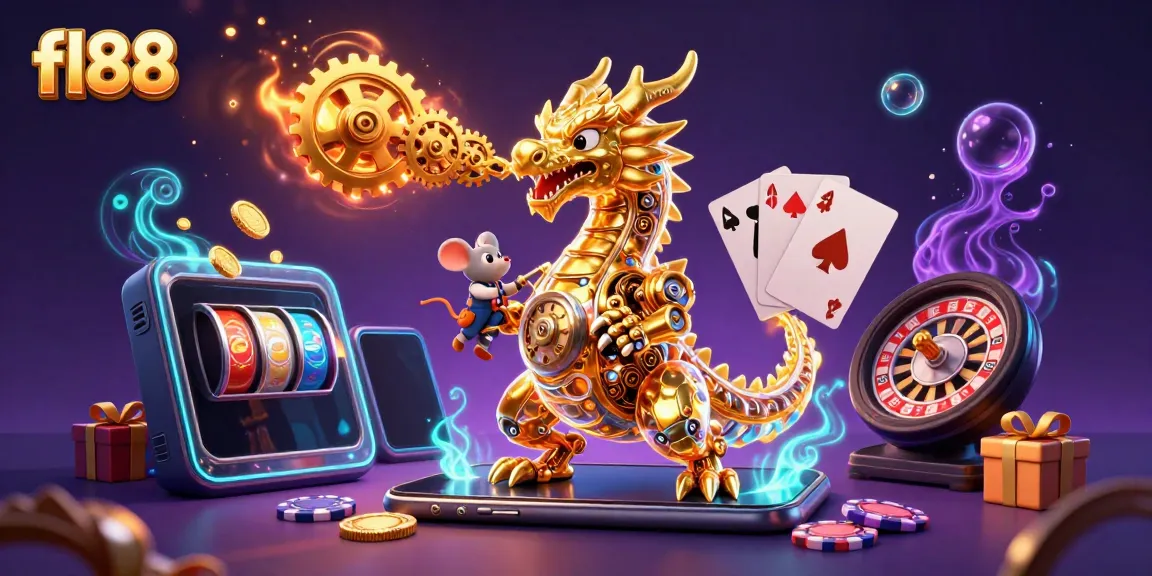 Engage with fl88's vibrant 3D gold dragon and mobile slot gaming scene, showcasing thrilling casino action.