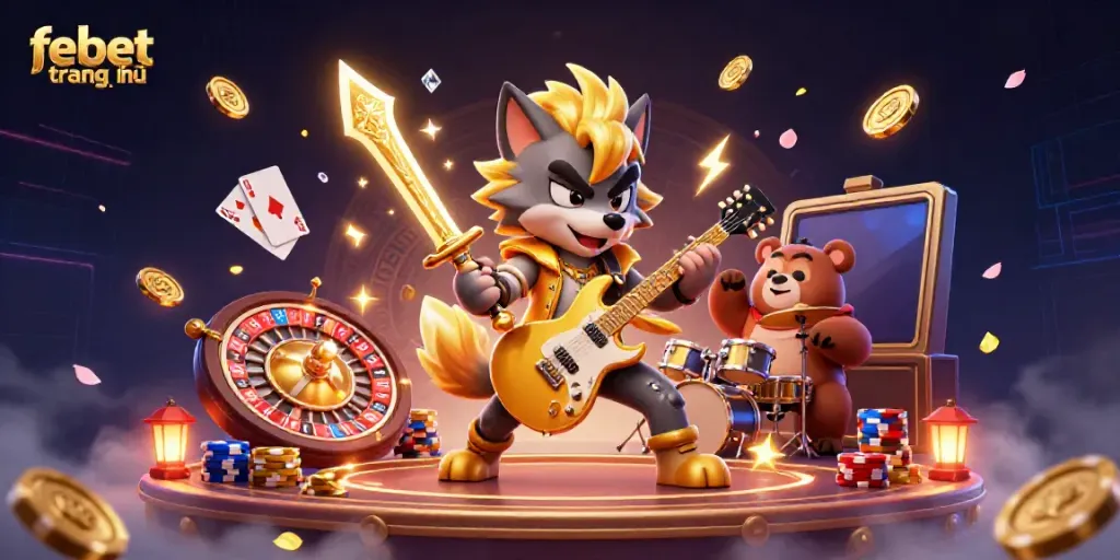 Experience the excitement of febet trang chủ with a dynamic scene of a rock star wolf and drummer bear at a casino.