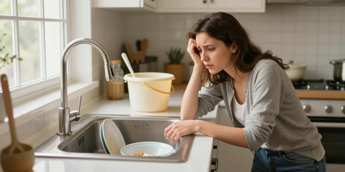 Afvoer verstopt in de keuken, huiseigenaar inspecteert verstopte gootsteen met een emmer en ontstopper.