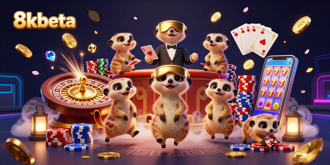 Experience thrilling gameplay with 8kbeta's dynamic casino scene featuring playful meerkats and vibrant game elements.