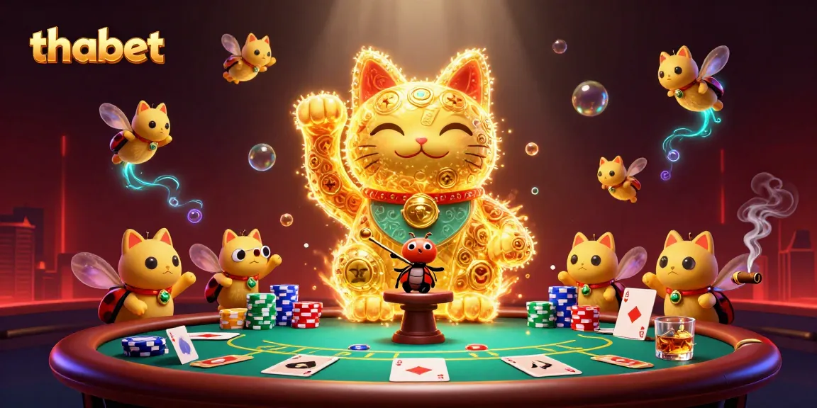 Experience the vibrant world of thabet with a dynamic lucky cat made of glowing fireflies in an engaging casino setup.