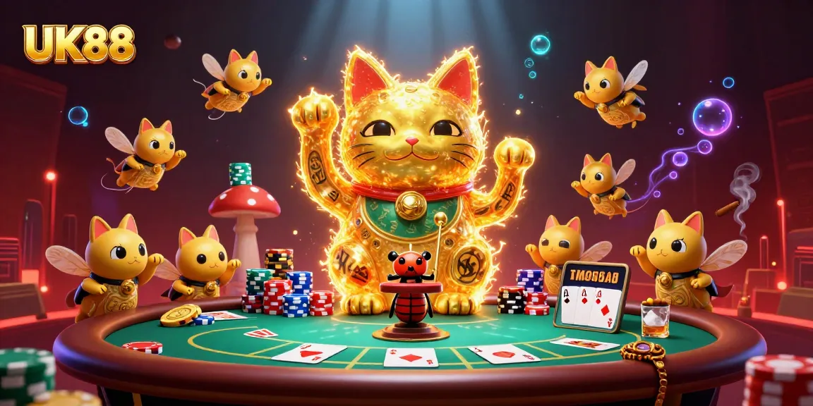 Experience the excitement of UK88 with a vibrant 3D illustration of a lucky cat in a casino.