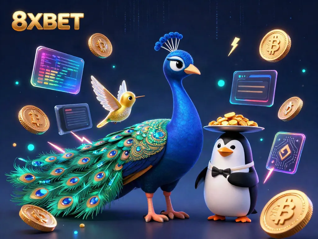 Experience the thrill of gaming with 8XBET surrounded by vibrant casino elements and digital crypto symbols.